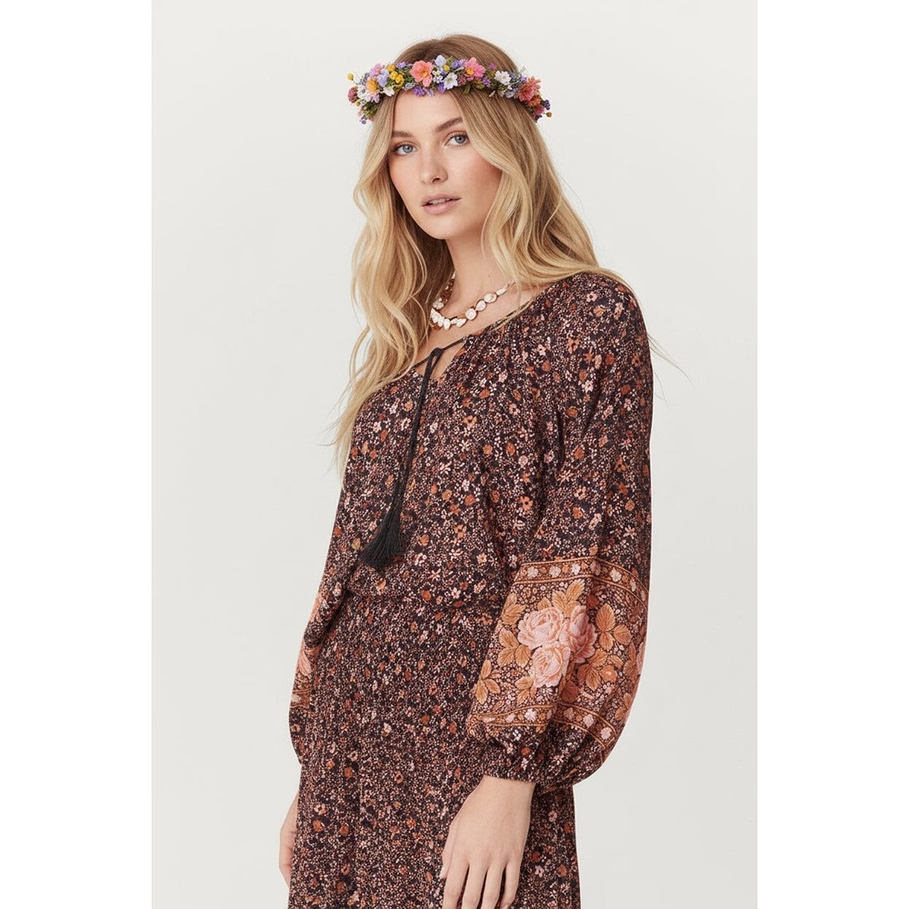 Spell Love Jetty Blouse XXL Charcoal Floral Balloon Sleeve Boho Peasant Top NWT
